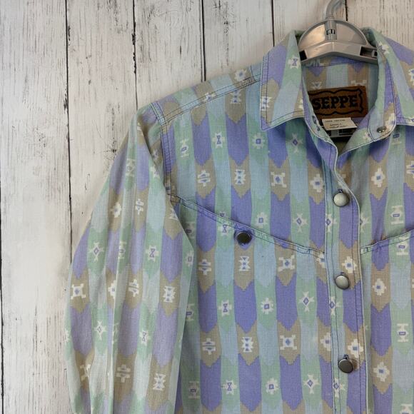VTG Seppe Blue/Purple Aztec Western Southwest Metal Button Down Shirt Size Small - Picture 3 of 14